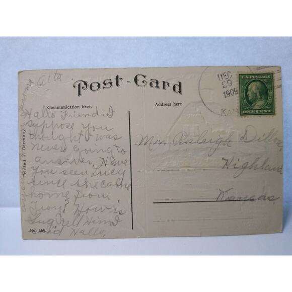 New Years Postcard Lakeside Home Full Moon Icicles Robins Birds 150 Germany 1909 - Picture 3 of 3